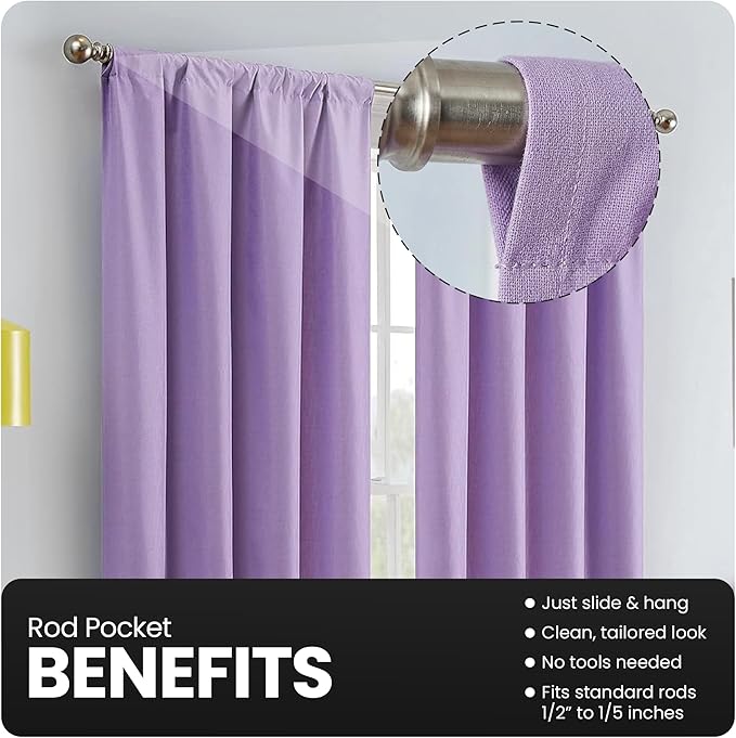 ECLIPSE Kendall Modern Blackout Thermal Rod Pocket Window Curtain for Bedroom or Living Room (1 Panel), 42" x 63", Light Purple