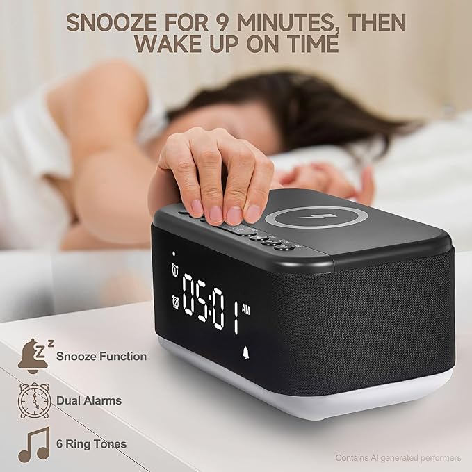 Alarm Clock Speaker Wireless Charger, Digital Alarm Clocks Bedrooms Bluetooth, Alarm Clock Dimmable Light Bedrooms Dual Alarm Snooze Dimmer 12 24H RGB Night Light Bluetooth USB AUX, Black - Image 4