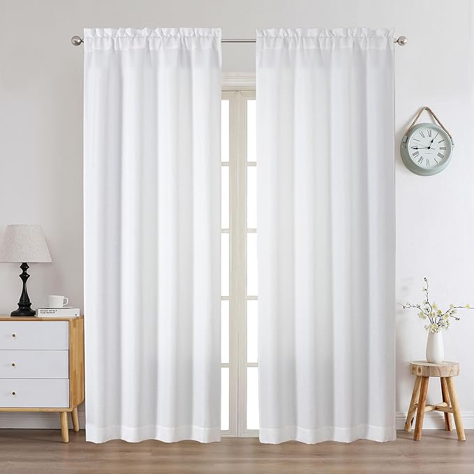 Chyhomenyc White Curtains 84 Inch Length 2 Panels Set, Faux Linen Textured Semi Light Filtering Soft Airy Farmhouse Curtain Drapes for Living Room Bedroom, Cortinas para Sala, 40Wx84L