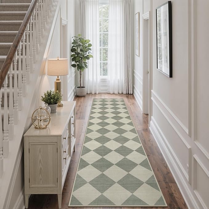 Beeiva Checkered Print Runners for Hallways Non Slip 2.5x12, Green Ultra Thin Washable Runner Rug Neutral Long Rugs for Hallway, Moroccan Plaid Floor Carpet for Kitchen, Modern Gingham Home Decor