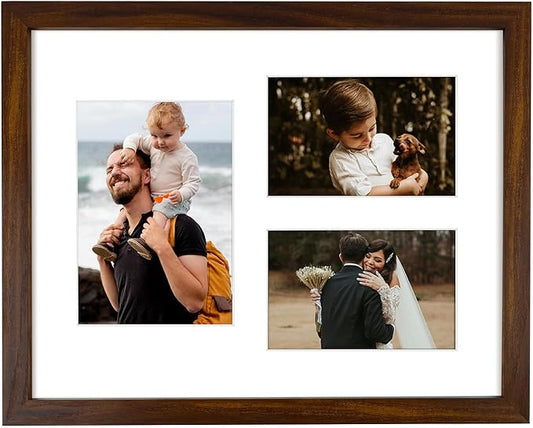 11x14 Brown Wood Picture Frame - White Mat for 5x7 and 4x6 Photos - Real Glass, Sawtooth Hanger, Swivel Tabs - Wall Mounting - Great for Posters, Weddings, and Engagements