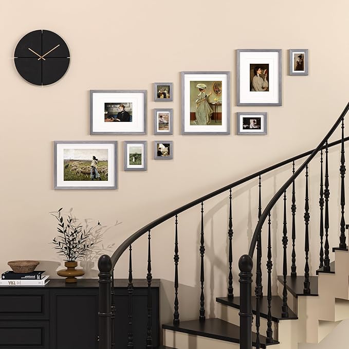 Egofine Picture Frame Set 10 Pack, Collage Wall & Tabletop Decor with Two Sizes - 12x16, 11x14, 5x7, 4x6, 4x4; Solid Wood, Plexiglass Cover, Oak Grey