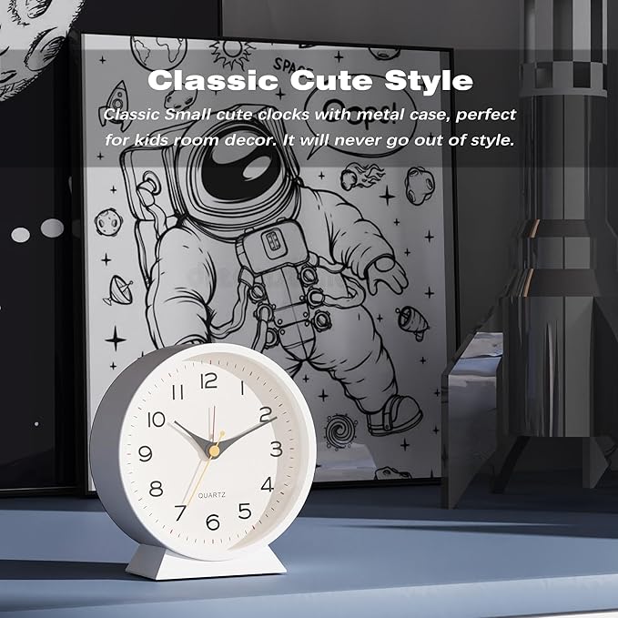 AYRELY?? 4.5" Analog Alarm Clock,Small Retro Desk Clock Battery Operated,Slient Metal Table Clock with Light for Living Room Decor,Bedroom,Bedside,Shelf (White)