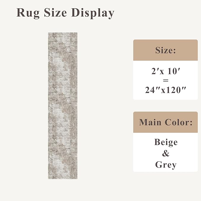 2x10 Ft Long Runner Rug for Hallway – Non-Slip Washable Floor Runner for Kitchen Indoor Entryway, Bedroom, Living Room,Modern Abstract Low-Pile Thin Carpet （Beige Grey）