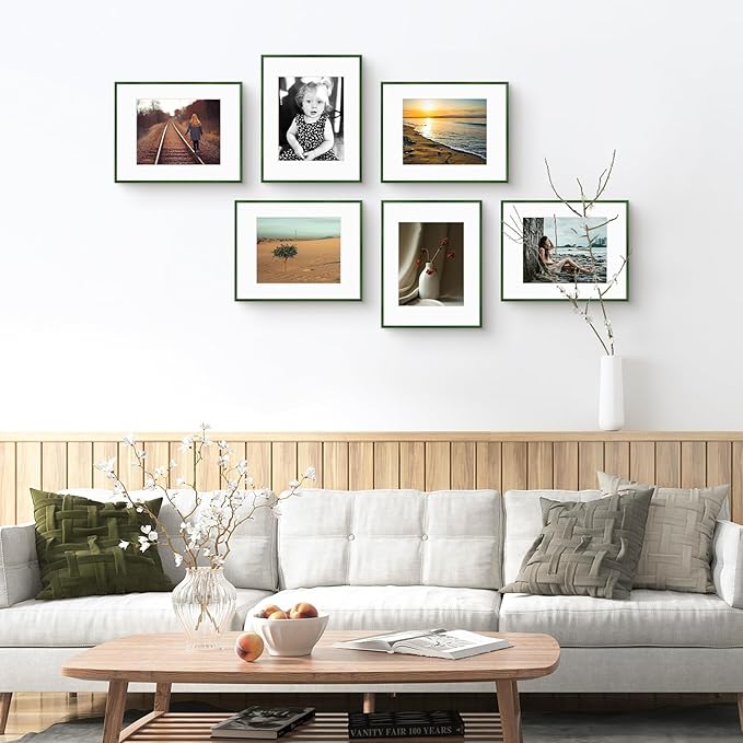 Golden State Art 11x14 Picture Frame 6 Pack - Dark Green Aluminum Photo Frames With 8x10 Mats and Real Glass Cover - Elegant Minimalist Wall Gallery Frames for Home or Office Decor