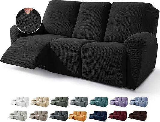 JIVINER 8-Piece Recliner Sofa Covers Stretch Jacquard Couch Covers for Reclining Slipcovers for Living Room 3 Cushion Soft Recliner Protector with Pocket (Sofa Recliner, Black)