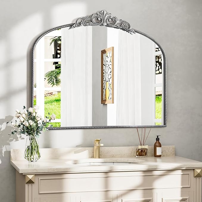 Micasso Antique Wall Silver Mirror: 40" x 29" French Baroque Vintage Mirror - Traditional Ornate Decorative Arched Mirrors for Wall/Bathroom/Entryway/Fireplace/Hallway - Home Decor for Living Room