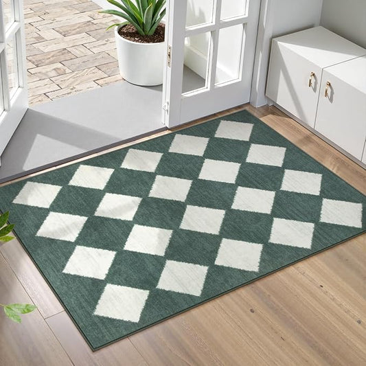 Lahome Zelie Checkered Washable 2x3 Green Kitchen Rugs Non Slip, Small Printed Indoor Door Mat for Entryway, Moroccan Trellis Ultra-Thin Throw Carpet for Bedroom Entrance Decor (2'x3',Dark Green)