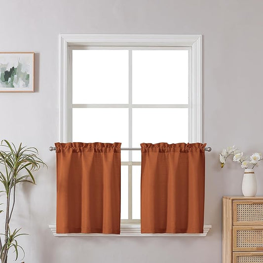 Chyhomenyc Orange Tier Curtains 30 Inch Length, Faux Linen Textured Small Cafe Curtain, Light Filtering Short Curtains for Bathroom Window, 30x30 Inch, 2PCS