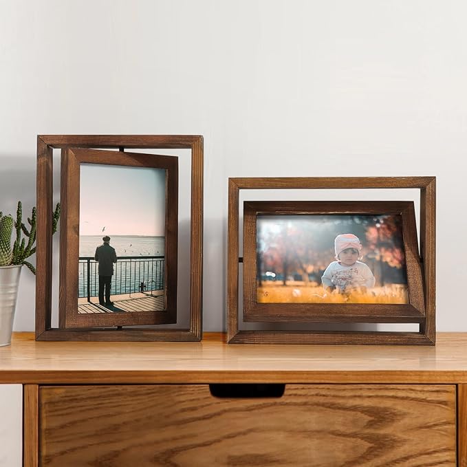 Egofine 2 Pack 6x8 Rotating Floating Picture Frames,Double-Sided Display with HD Glass Front Wooden Distressed Frame for Vertical or Horizontal Tabletop Display, Carbonization