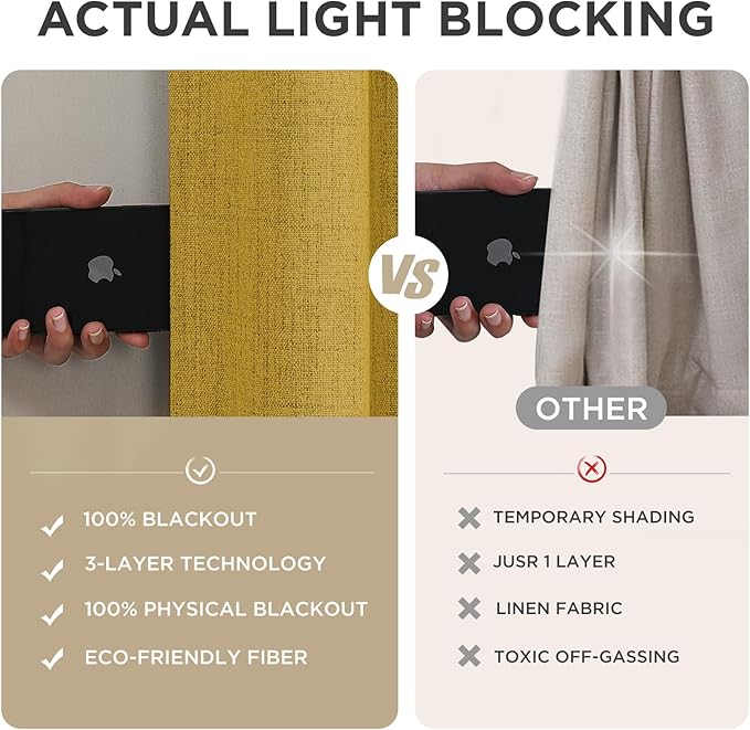 Joydeco Blackout Curtains for Bedroom - 100% Light Blocking 2 Panels Set Yellow Drapes 42" W x 84" L, Thermal Insulated Room Darkening Curtains, Linen Textured for Living Room, Rod Pocket & Back Tabs