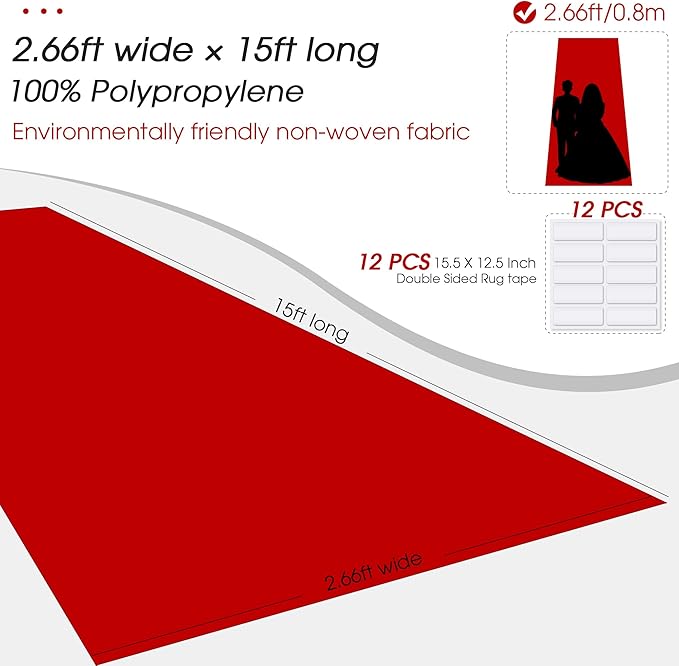 Red Carpet Runner for Party,140GSM 2.62FTx15FT Carpet Party Decorations Runway Rug for Prom Felt Non-Woven Fabric, Runner Rug for Wedding Ceremony Hollywood Theme Party