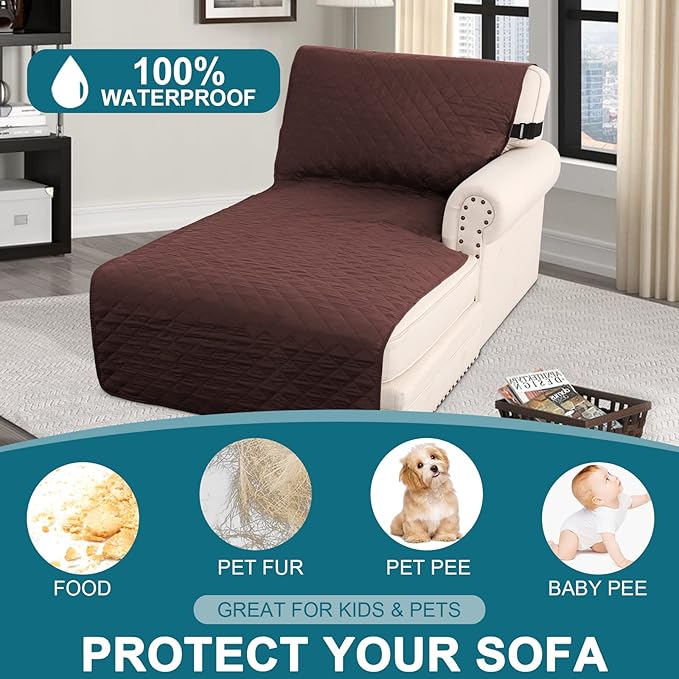 Turquoize 100% Waterproof Sofa Covers Chaise Lounge L Shape Sofa Protector Chaise Slip Cover Triple Non-Slip Sofa Slipcover for Sectional Couch Cover for Pets, Kids (Chaise, Brown)