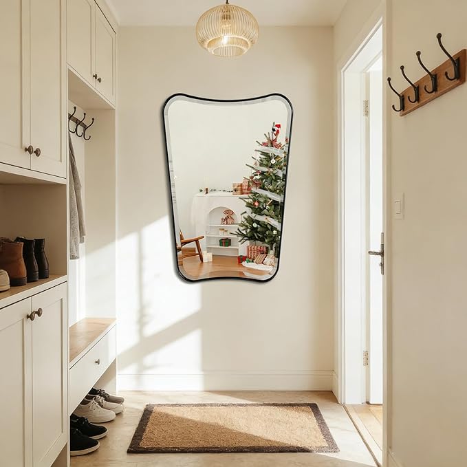 POZINO Irregular Beveled Mirror, 24"x36" Modern Bathroom Vanity Mirror for Over Sink, Unique Butterfly Shape Aesthetic Wall Mirrors for Living Room Bedroom Entryway Hallway Fireplace
