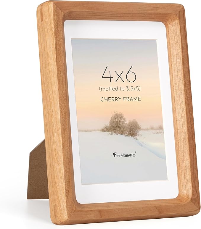 Fun Memories 4x6 Picture Frame, USA-Sourced Cherry Wood Photo Frames with HD Tempered Glass, Handcrafted Rounded Corner 4 x 6 Wooden Frame Matted to 3.5x5 Photos, 4x6 Frames, Tabletop or Wall Display