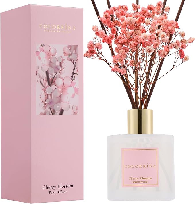 COCORR??NA Reed Diffuser - Cherry Blossom 6.7 Fl.oz Reed Diffuser Set with Sticks & Preserved Baby's Breath, Reed Diffuser for Home Bathroom Shelf Decor
