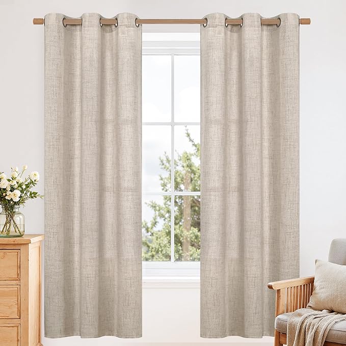 YoungsTex Natural Linen Curtains 72 Inch Long for Living Room, Light Filtering Semi Sheer Drapes with Bronze Grommet Textured Privacy for Bedroom Office Farmhouse, 2 Panels, 42 X 72 Inch