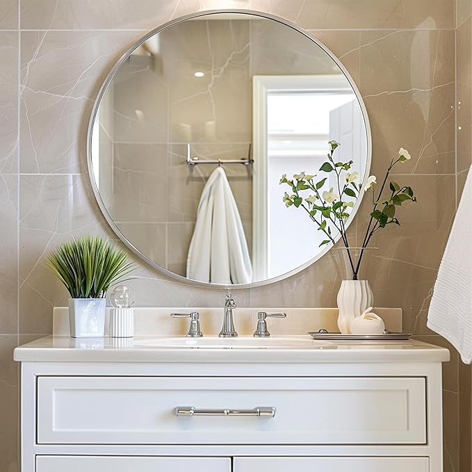 Sunniry Silver Round Mirror 26 inch, Silver Circle Mirror with Aluminum Frame, Circle Wall Mirrors for Bathroom, Living Room, Hallway, Bedroom.