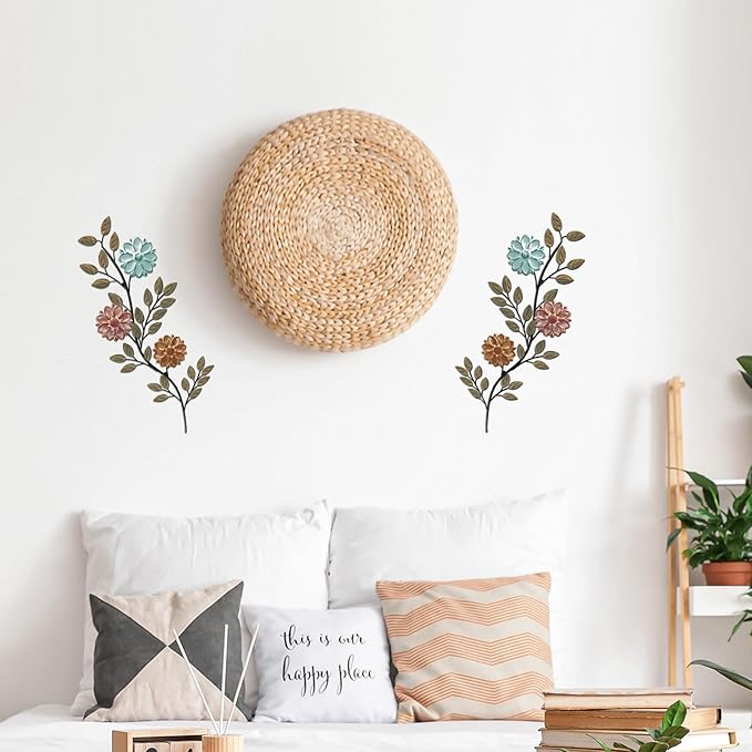 MorningRo 2 Pcs Metal Flower Leaves Wall Art Spring Wall Decor Living Room, 15.75 Inch Vintage Rustic Branch Leaf Wrought Iron Scroll Art Decor for Spring Bedroom Indoor Outdoor Decorations(Colorful)