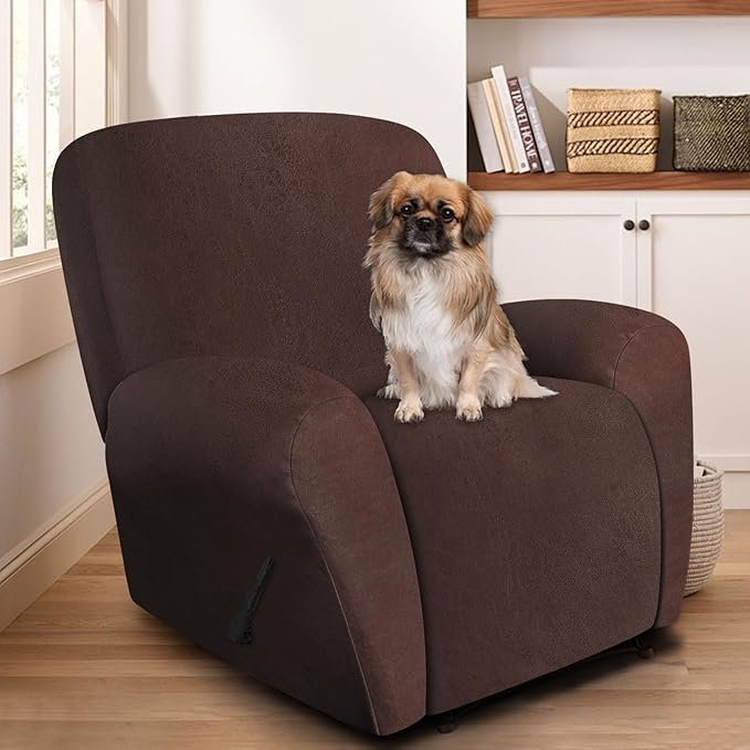 ANARACHON Leather Look Recliner Chair Covers, 4 Pieces Recliner Covers Non Slip, Soft Cover for Reclining Chair, Washable Furniture Protector for Pets (1 Seater, 024 Chocolate)
