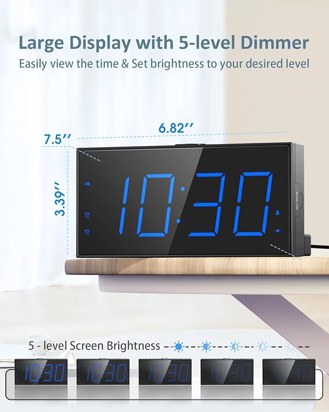 Alarm Clock with Bed Shaker, Vibrating Alarm Clock for Heavy Sleepers | Dual Alarms, 7.5’’ LED Display, Dimmer, USB Charging Port, Memory Function, Plug in Vibrator Clock for Hard of Hearing/Deaf - Image 4