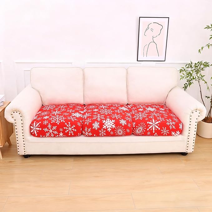 hyha Printed Couch Cushion Covers, Floral Sofa Covers Washable for 3 Cushion Couch, Stretch Pattern Outdoor Cushion Covers for Patio Furniture with Elastic Bottom(3 Packs, Christmas Snowflakes)
