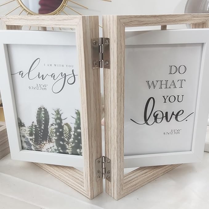 Wooden Hinged Double floating rotating Picture Frame for Photos, 4 * 6 5 * 7 vertical photo Natural Finish (wood color, 5 * 7in)
