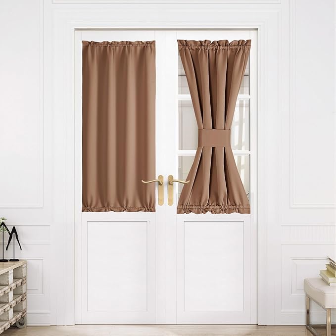 NICETOWN Blackout Door Curtain – Thermal Insulated Blackout Window Cover for French & Front Doors with Adjustable Tieback, Room Darkening Shade for Privacy, Cappuccino, W30 x L50, 1 Panel