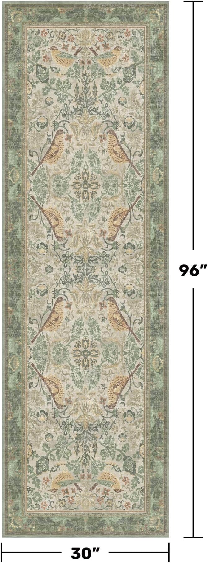 Hazo Haus 2'6"x8' Long Hallway Runner Rug - Vintage Botanical Wide Runners for Kitchen Bedroom Hall Way, Washable Non Slip with Rubber Backing, Light Green Sage Floral Décor