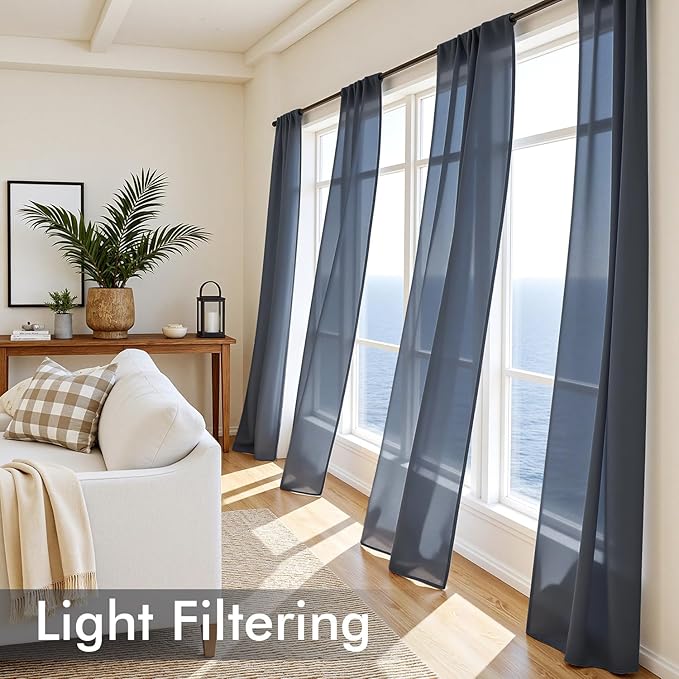 MIULEE Navy Blue Sheer Curtains 84 Inches Long, 4 Panels Set, Light Filtering Rod Pocket Voile Drapes Window Treatments, Semi Transparent Airy Fabric for Bedroom and Living Room, 54 x 84 Inches