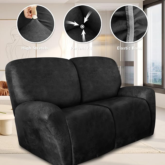 ANARACHON Loveseat Recliner Cover Leather Look Recliner Loveseat Covers Recliner Sofa Cover for 2 Seater Reclining Couch Spandex Fabric Washable 6 Pieces (2 Seater, 02 Dark Gray)