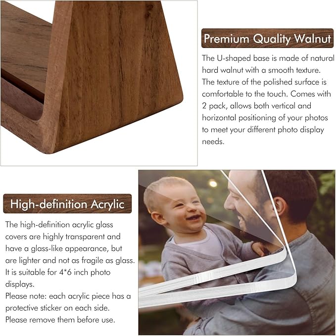 Mixoo 4x6 Picture Frame 2 Pack - Rustic Wooden Picture Frames with Walnut Wood Base and High Definition Break Free Acrylic Photo Covers for Tabletop or Desktop Display (Horizontal + Vertical)