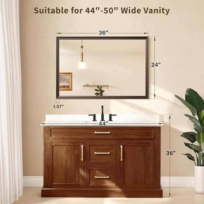 Retro Copper Effect Framed Wall Mirror, 24x36 Rectangle Mirror, Anti-desilvering Tempered Glass, Sustainable& Sturdy Frame, Farmhouse Mirror, Anti-Rust, 3min Fast Setup for Bathroom Living Room