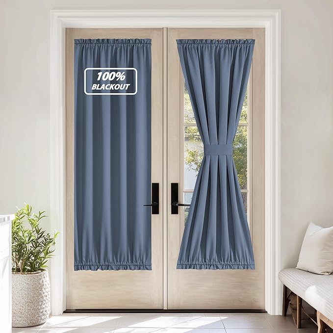 NICETOWN 100% Blackout French Door Curtain,Privacy Thermal Insulated Window Curtain with Adjustable Tieback for Glass Front Sliding Patio Door, 1 Panel, 36W x 72L, Stone Blue