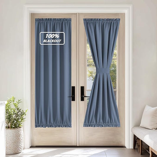 NICETOWN 100% Blackout French Door Curtain,Privacy Thermal Insulated Window Curtain with Adjustable Tieback for Glass Front Sliding Patio Door, 1 Panel, 36W x 72L, Stone Blue