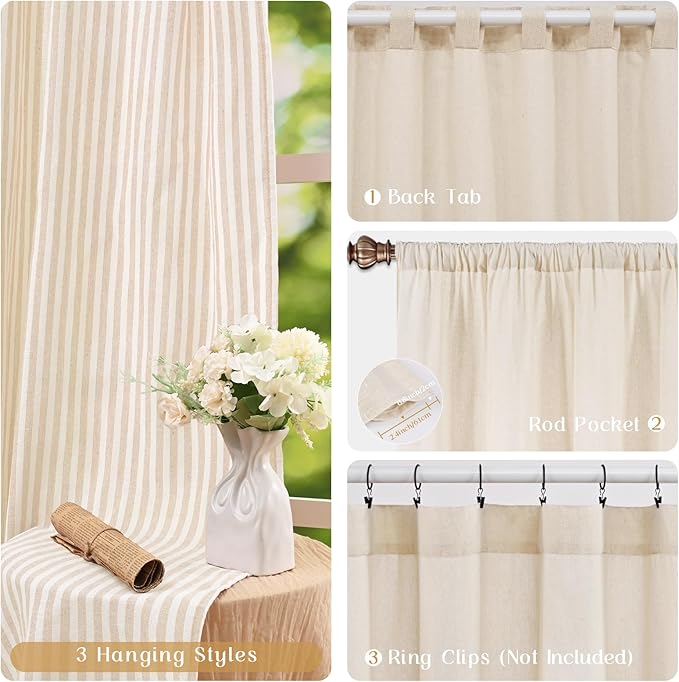 ASPMIZ Cotton Linen Curtains for Living Room, Rod Pocket & Back Tab Boho Curtains for Bedroom, Country Farmhouse Striped Curtain with Rustic Buttons, Home Decor, Khaki, 52 x 84 Inch, 2 Panels