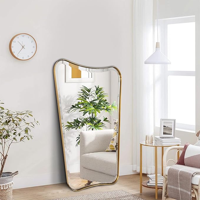POZINO Brushed Gold Beveled Mirrors, 24"x40" Bathroom Vanity Mirror for Over Sink, Butterfly Shaped Mirrors Decorative, Modern Rectangle Aesthetic Wall Mirror for Living Room Bedroom Hallway Entryway