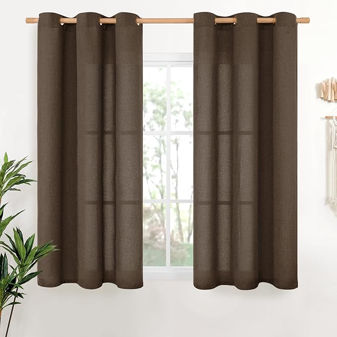 YoungsTex Brown Linen Curtains 48 Inch Length for Living Room Window, Light Filtering Drapes Semi Sheer with Bronze Grommet Privacy for Bedroom, 42 x 48 Inch, 2 Panels