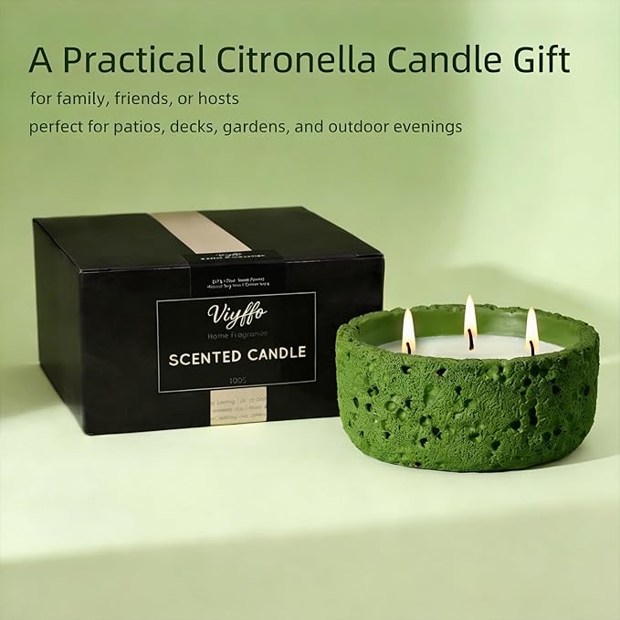 Viyffo Large Citronella Candles Outdoor, 3 Wick 20oz Citronella Candle Indoor, Non Toxic Soy Scented Candle, Green Ceramic Jar for Patio, Deck, Garden, Backyard, Camping, Home Fragrance, Décor & Gift