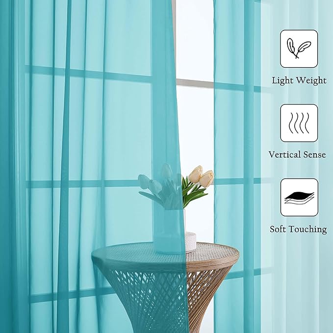 Lecloud Turquoise Sheer Curtains 90 Inches Long 2 Pcs, Soft Airy Light Filtering Home Decor Living Room Curtains for Bedroom, Rod Pockets Window Treatments Solid Drapes, Each Panel 59" W x 90" L