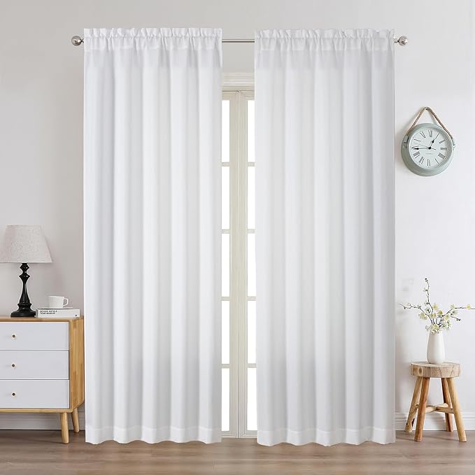 Chyhomenyc White Curtains 84 Inch Length 2 Panels Set, Faux Linen Textured Semi Light Filtering Soft Airy Farmhouse Window Curtain Drapes for Living Room Bedroom, 50Wx84L