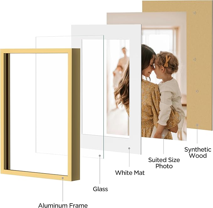 eletecpro Aluminum Gallery Wall Frame Set of 10, Including 2Pcs 8x10, 4Pcs 5x7, 4Pcs 4x6 Photo Frames for Wall or Tabletop Display, Multiple Sizes Picture Frames Collage Wall Decor, Gold