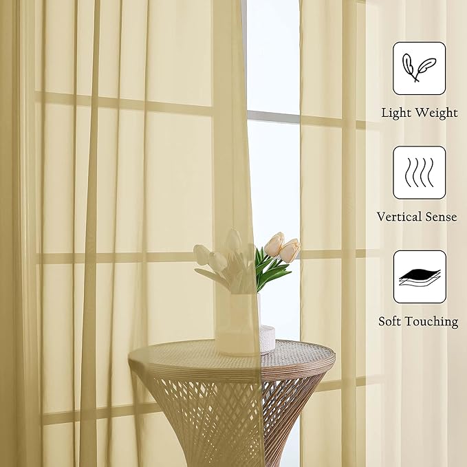 Lecloud Gold Sheer Curtains for Bedroom 84 Inches Long 2 Pcs, Light Filtering Airy Voile Window Curtains for Living Room, Modern Farmhouse Decor Dual Rod Pocket Drapes, Each Panel 59" W x 84" L