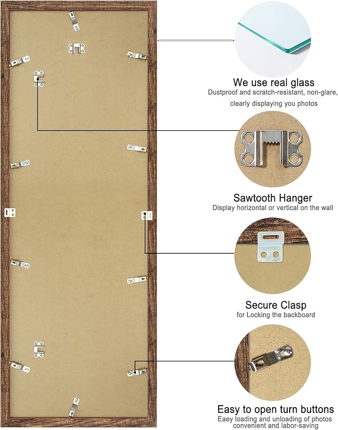 12x36 Picture Frame 2 Packs, Real Glass and Rustic Brown Wood Frame, Display Collage Pictures Twelve 4x6 With Mat or Pennant 12 x 36 Without Mat - Horizontal or Vertical Wall Mounting
