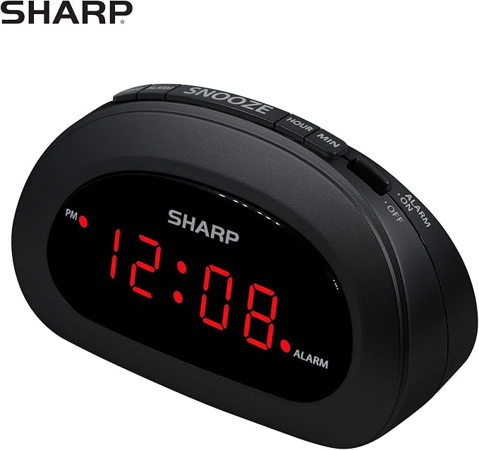 Sharp Small Digital Alarm Clock, Red LED, Snooze, 9V Battery Backup, Black - Image 4