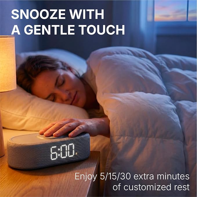 Fabric Digital Alarm Clock for Bedroom, Wireless Charging, Grey - Image 5