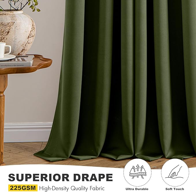 MIULEE Olive Green Blackout Curtains for Bedroom Living Room 63 Inches Long 2 Panels, Thermal Insulated Room Darkening Drapes Grommet Noise Reducing Light Blocking Window Treatments 50x63 Inch