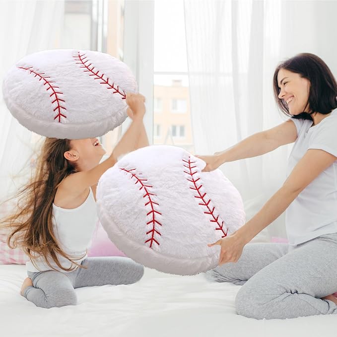 Baseball Pillow, 2 Pcs Baseball Plush Pillow, Soft Fluffy Stuffed Sports Throw Pillows, Home Decor Cushion, Round Baseball Pillows, Sports Gifts for Room Decoration 15.8"