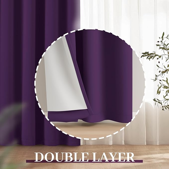 Yakamok Room Darkening 100% Blackout Curtains Grommet Window Treatments with 2 Thick Layers-Purple Thermal Insulated Drapes Set of 2 Panels for Bedroom Living Room 38 Inches by 72 Inches Length