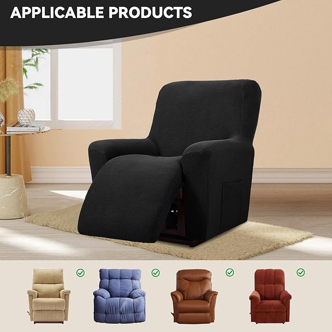 Cupuamon Recliner Chair Covers,Lazy Boy Recliner Covers Stretch Reclining Covers 1 Piece Furniture Protector with Elastic Bottom for Dog,Kids-Black